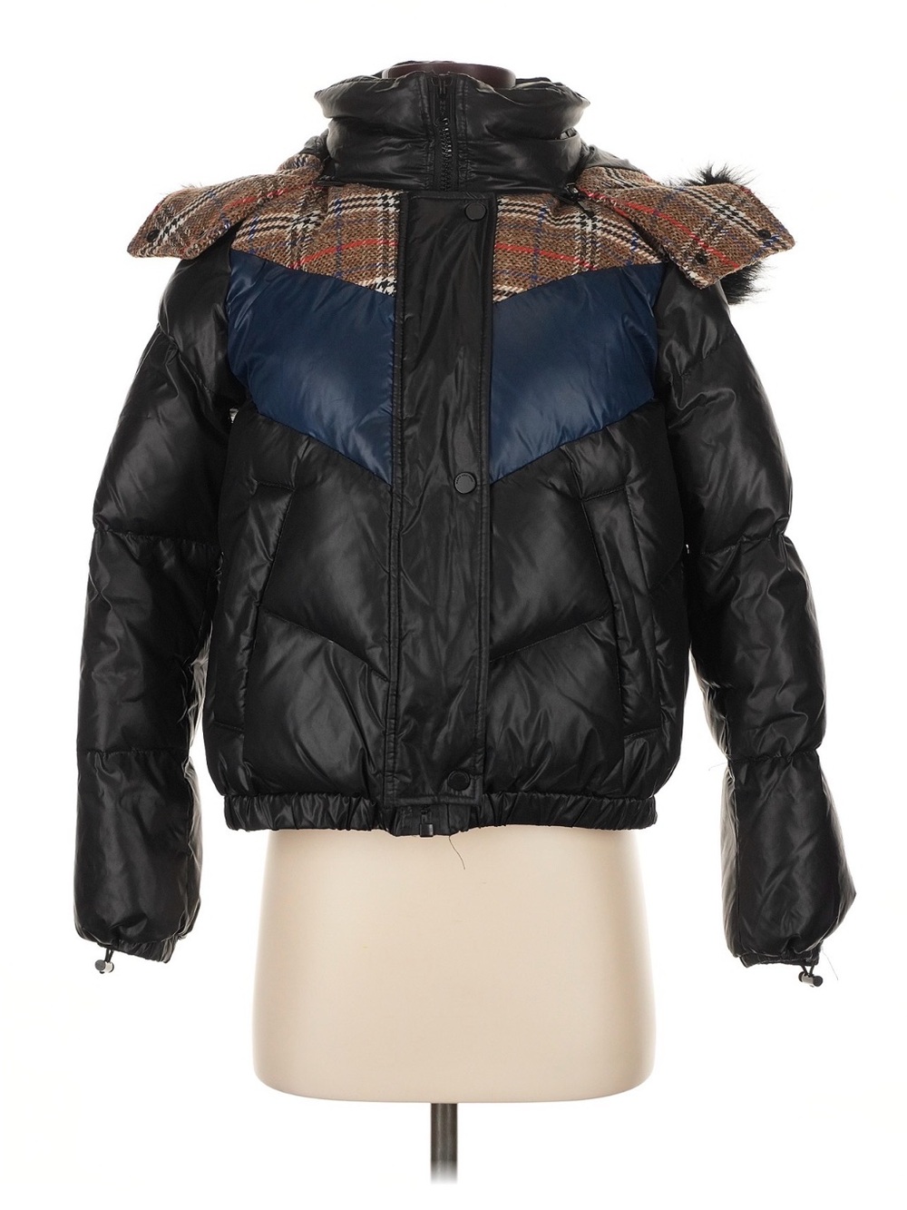 Marc Jacobs Black & Navy Puffer Jacket with Plaid Trim